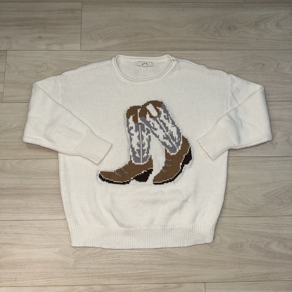 Peach Love California Sweaters - Boho Cowgirl Boots Knit Sweatshirt Size Small‎ Women's White Cozy J.O.A Western
